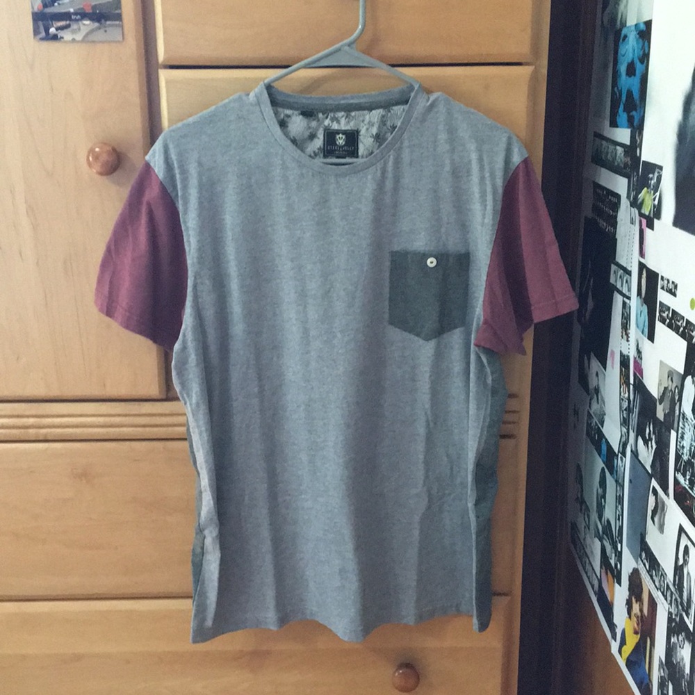 Grey & Burgundy Tee Shirt With Button Pocket